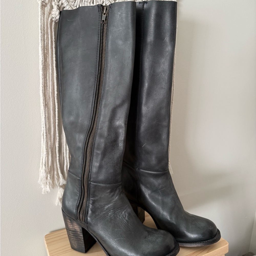 Freebird by Steven Black Leather Knee Boots with Stacked Heel